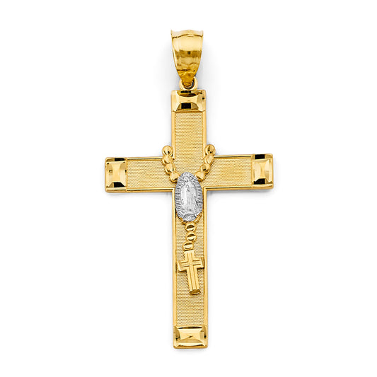 14K Two-Tone Gold Guadalupe Rosary Design Cross Pendant aprox 1 1/2" tall