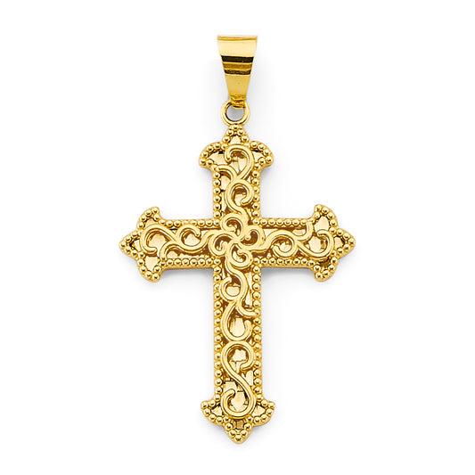 14K Yellow Gold Filigree Scroll Beaded Border Cross Pendant aprox 1 3/4" tall