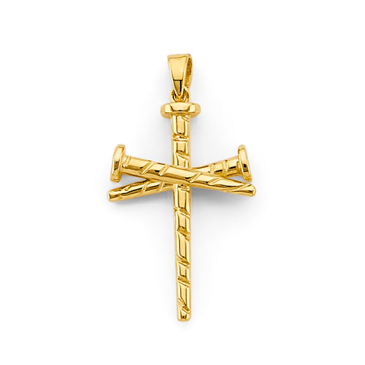 14K Yellow Gold Diamond-Cut Nail Design Cross Pendant aprox 1 1/4" tall