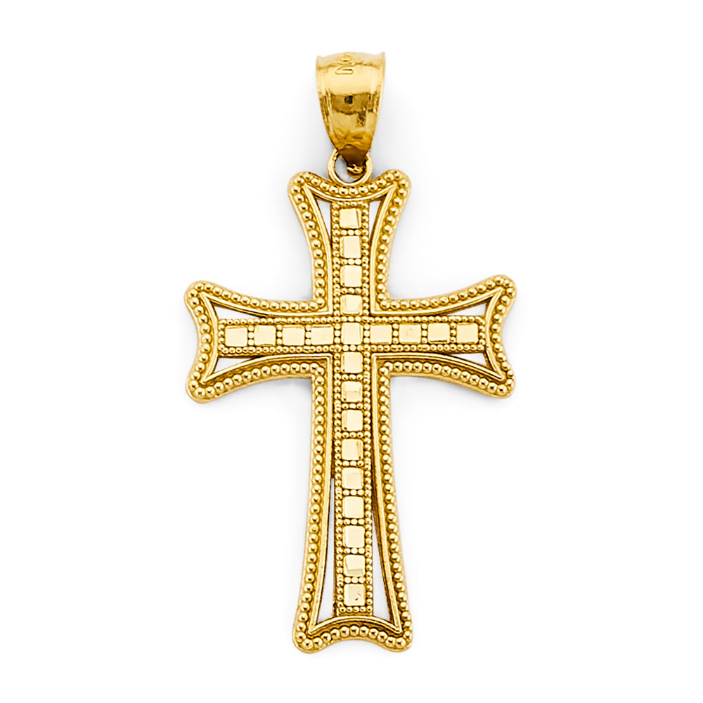 14K Yellow Gold Beaded Frame Square Pattern Cross Pendant aprox 1 1/2" tall