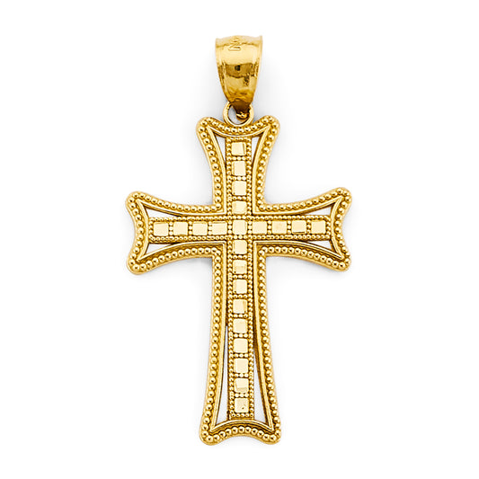 14K Yellow Gold Beaded Frame Square Pattern Cross Pendant aprox 1 1/2" tall