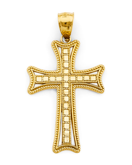 14K Yellow Gold Beaded Frame Square Pattern Cross Pendant aprox 1 1/2