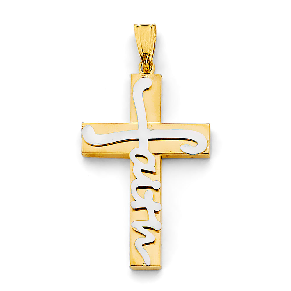 14K Two-Tone Gold Faith Script Cross Pendant aprox 1 1/2" tall