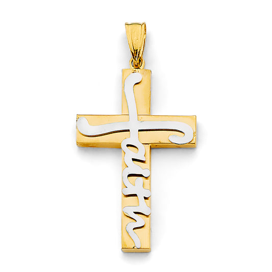 14K Two-Tone Gold Faith Script Cross Pendant aprox 1 1/2" tall