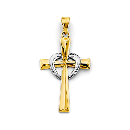 14K Two-Tone Gold Heart Accent Cross Pendant aprox 1" tall
