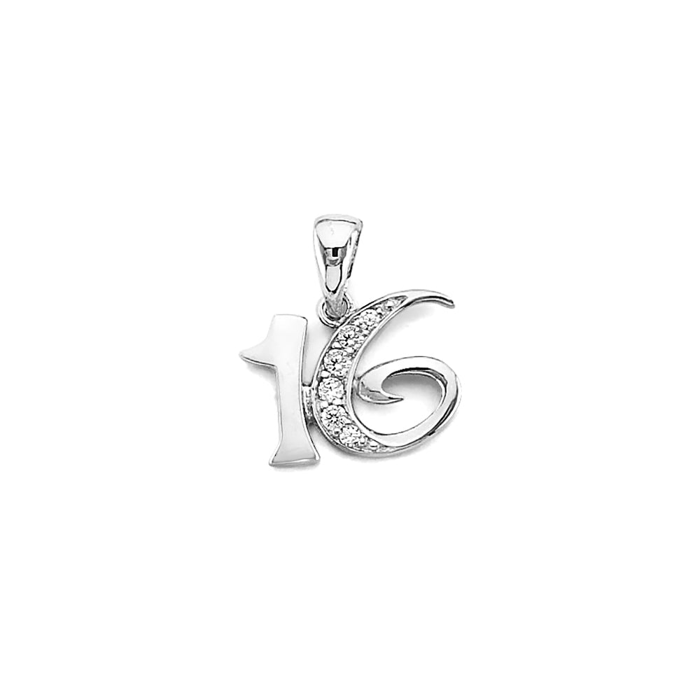 14K White Gold Sweet 16 Number Pendant with Cubic Zirconia