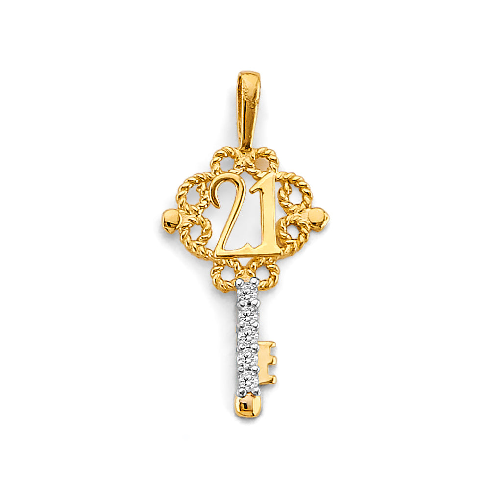 14K Two-Tone Gold 21 Key Pendant with Cubic Zirconia