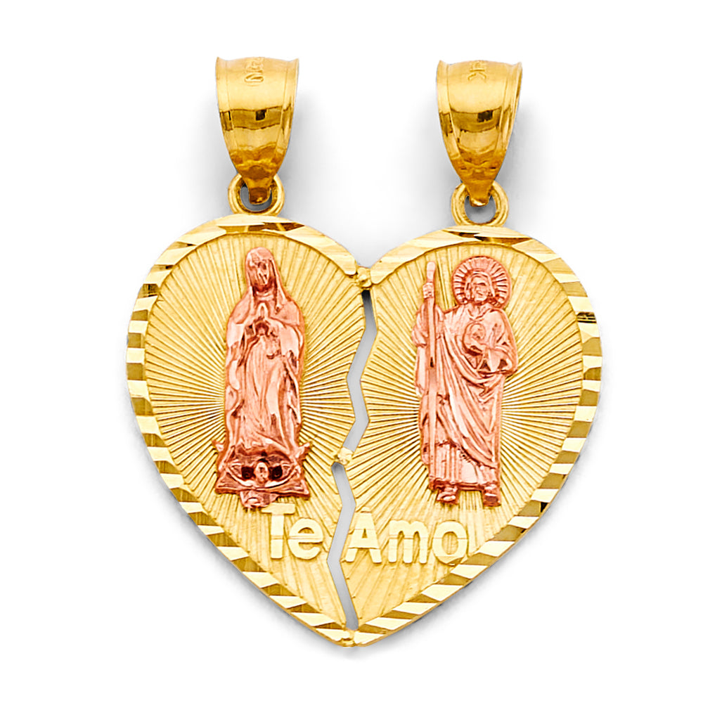 14K Two-Tone Gold Double Sided Virgen de Guadalupe & San Judas “Te Amo” Heart Design Pendant
