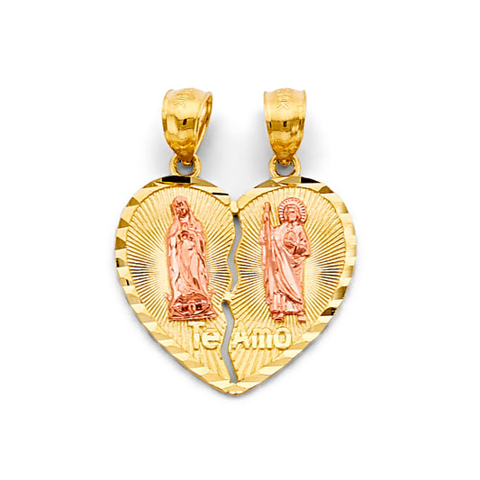 14K Two-Tone Gold Double Sided Virgen de Guadalupe & San Judas “Te Amo” Heart Design Pendant