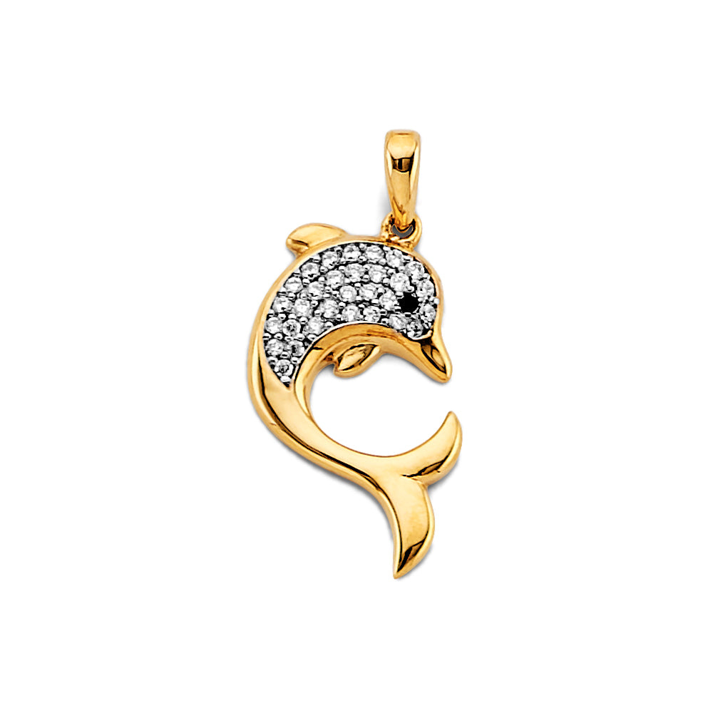14K Yellow Gold Dolphin Design CZ Pendant aprox 1" tall