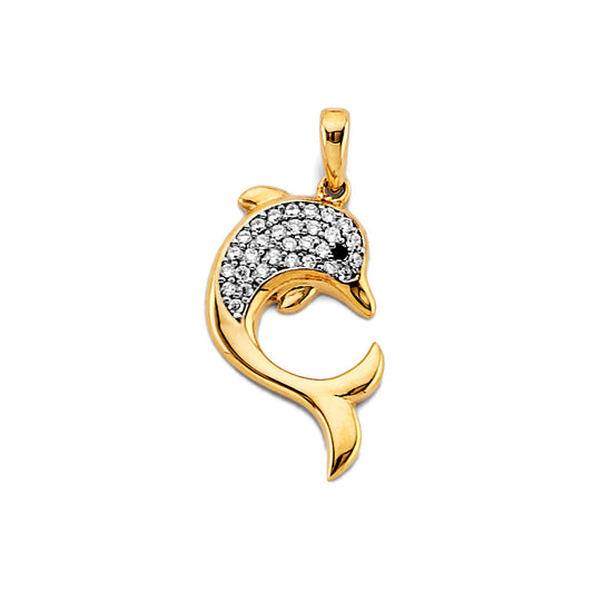 14K Yellow Gold Dolphin Design CZ Pendant aprox 1" tall