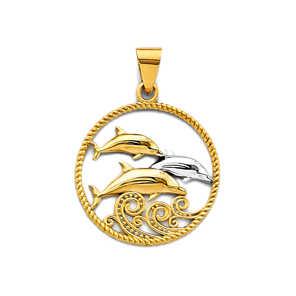 14K Two-Tone Gold Three Dolphin Circle Pendant
