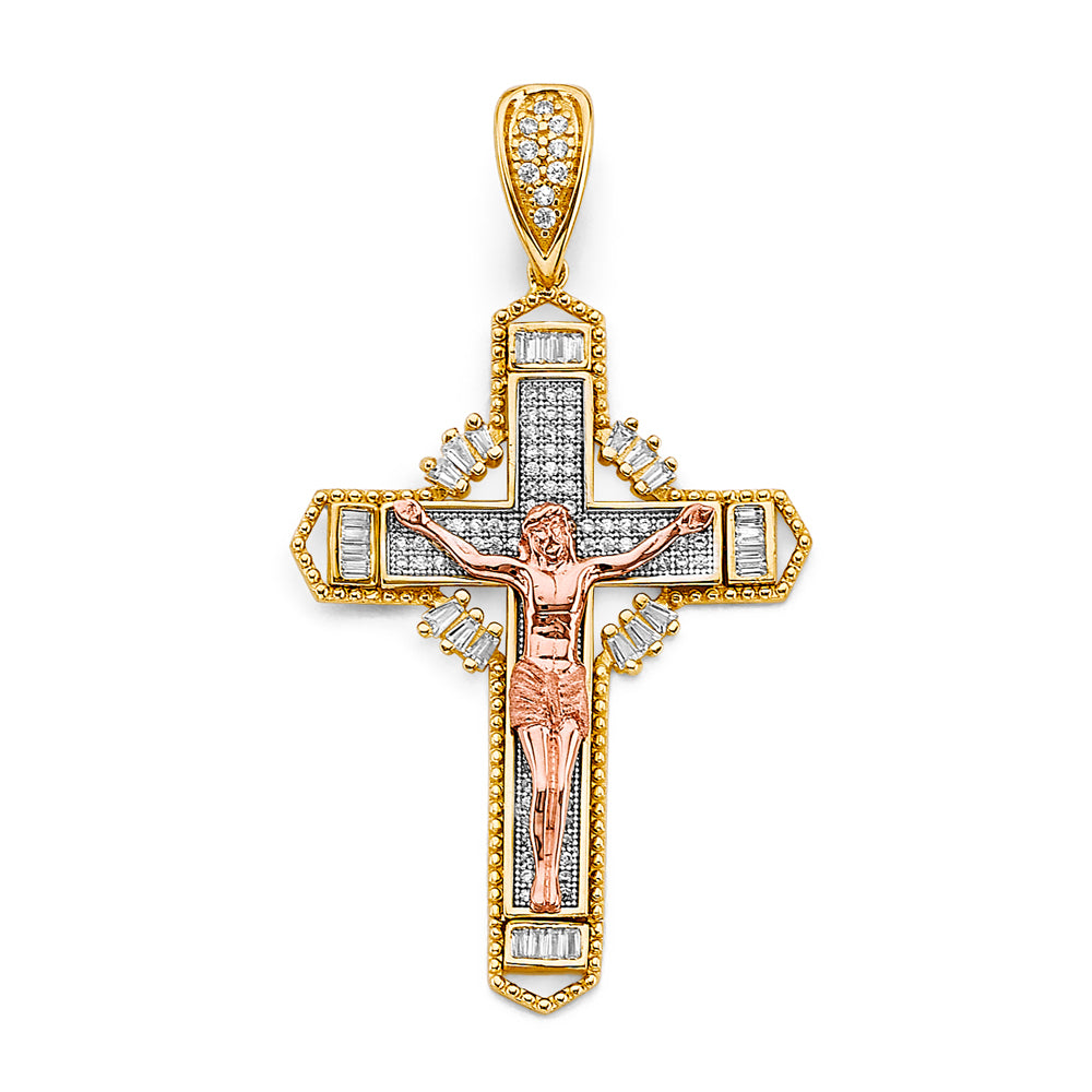 14K Tri-Color Gold CZ Crucifix Pendant 2 1/4" tall