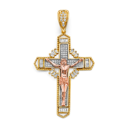 14K Tri-Color Gold CZ Crucifix Pendant 2 1/4" tall