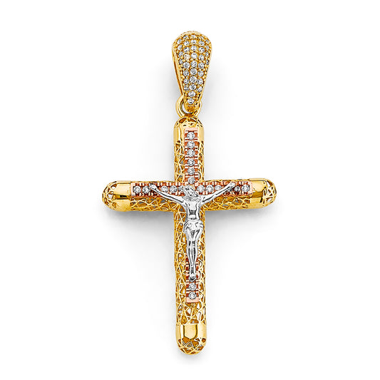 14K Tri-Color Gold CZ Crucifix Pendant aprox 2 1/4" tall