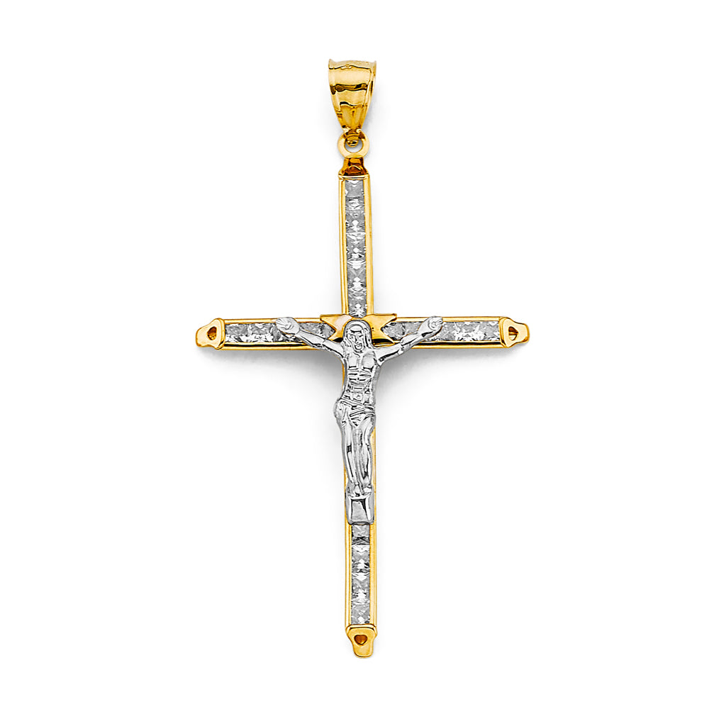 14K Two-Tone Gold CZ Crucifix Pendant aprox 2 1/2" tall