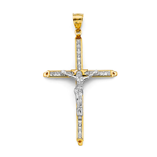 14K Two-Tone Gold CZ Crucifix Pendant aprox 2 1/2" tall