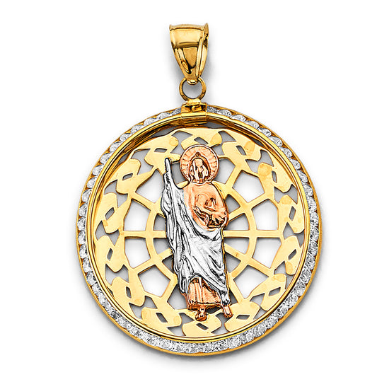 14K Tri-Color Gold Round San Judas CZ Pendant aprox 1 1/2" tall
