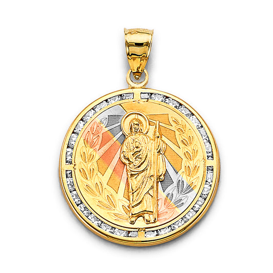 14K Tri-Color Gold Round San Judas CZ Pendant aprox 1 1/4" tall