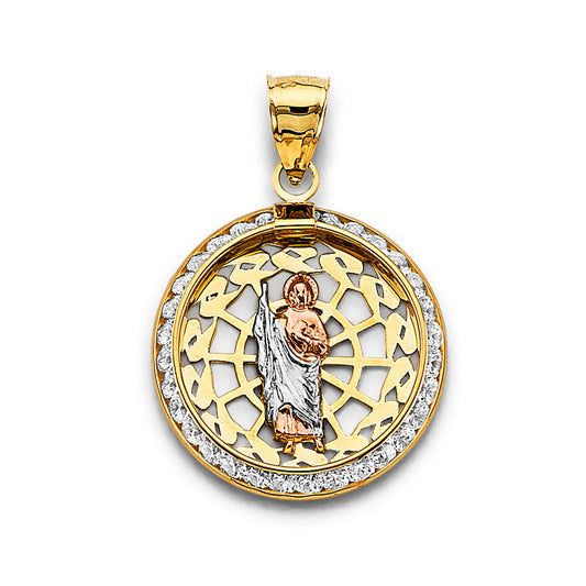 14K Tri-Color Gold Round San Judas CZ Pendant aprox 1 1/4" tall