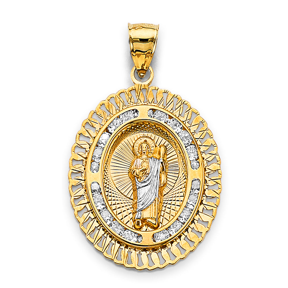 14K Two-Tone Gold Oval San Judas CZ Pendant aprox 1 1/2" tall