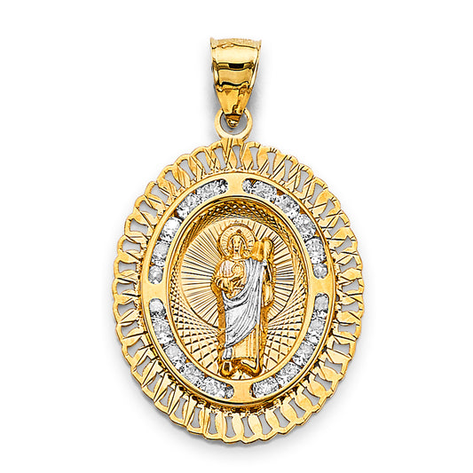 14K Two-Tone Gold Oval San Judas CZ Pendant aprox 1 1/2" tall