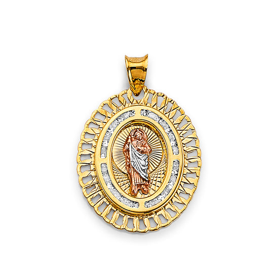 14K Tri-Color Gold Oval San Judas CZ Pendant aprox 1" tall