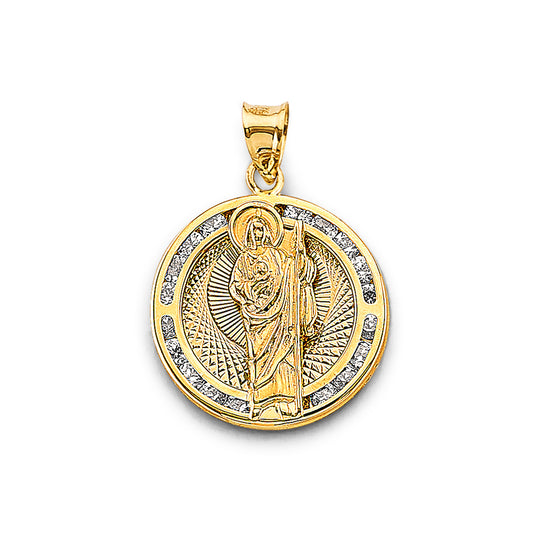 14K Yellow Gold Round San Judas CZ Pendant aprox 1" tall