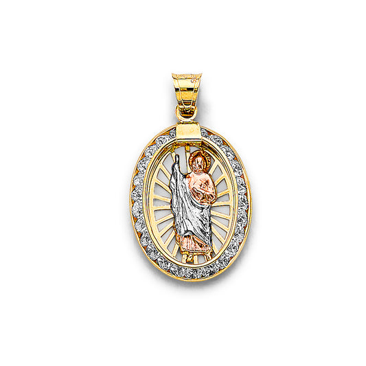 14K Tri-Color Gold Oval San Judas CZ Pendant aprox 1" tall