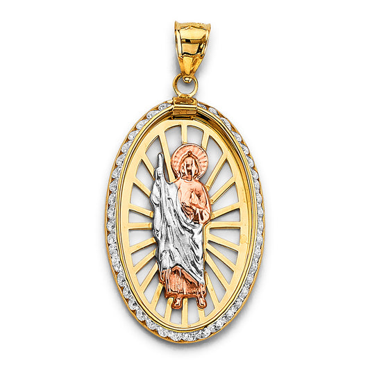 14K Tri-Color Gold Oval San Judas CZ Pendant aprox 1 1/2" tall