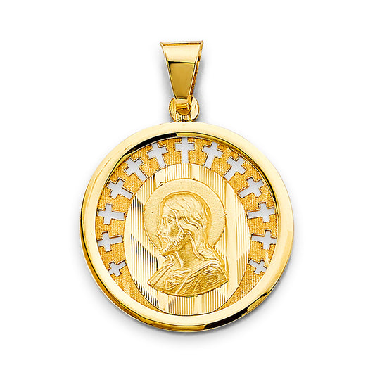 14K Yellow Gold Round Jesus Cross Border Medallion Pendant aprox 1 1/4" tall