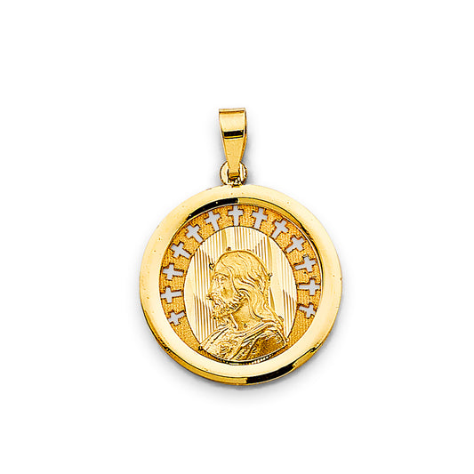 14K Yellow Gold Round Jesus Cross Border Medallion Pendant aprox 1" tall