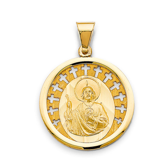 14K Yellow Gold Round San Judas Cross Border Medallion Pendant aprox 1 1/4" tall