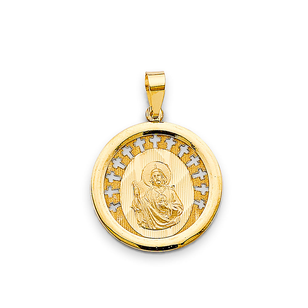 14K Yellow Gold Round San Judas Cross Border Medallion Pendant aprox 1 1/4" tall