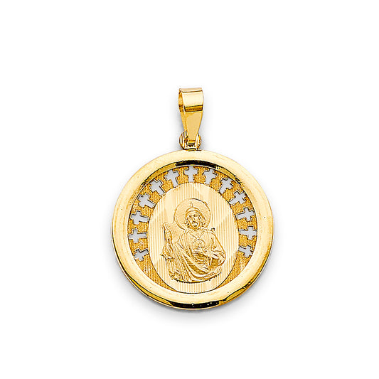 14K Yellow Gold Round San Judas Cross Border Medallion Pendant aprox 1 1/4" tall