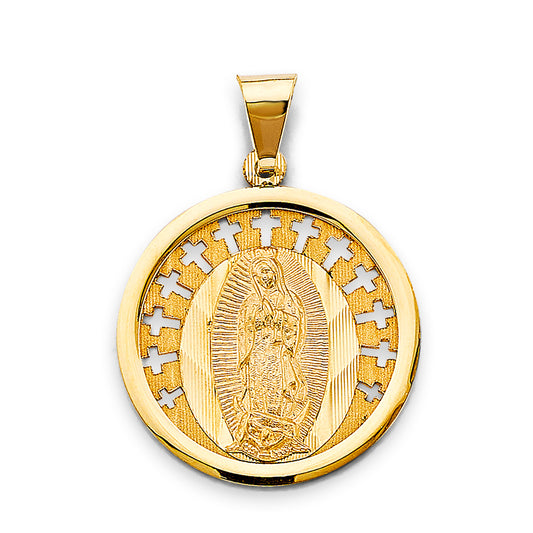 14K Yellow Gold Round Virgin Guadalupe Cross Border Medallion Pendant aprox 1 1/4" tall