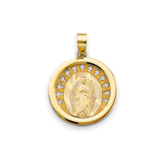 14K Yellow Gold Round Virgin Guadalupe Cross Border Medallion Pendant aprox 1" tall