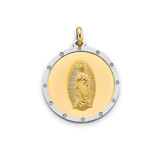 14K Two-Tone Gold Round Virgin Guadalupe CZ Medallion Pendant aprox 1" tall