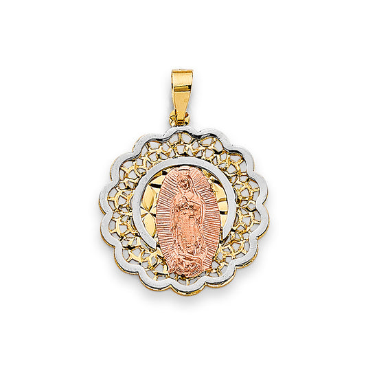 14K Tri-Color Gold Virgin Guadalupe Filigree Scalloped Medallion Pendant aprox 1 " tall