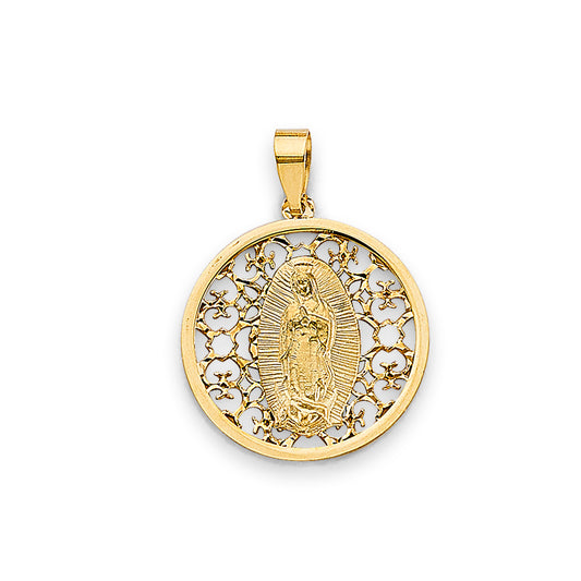 14K Yellow Gold Virgin Guadalupe Filigree Round Medallion Pendant aprox 1" tall