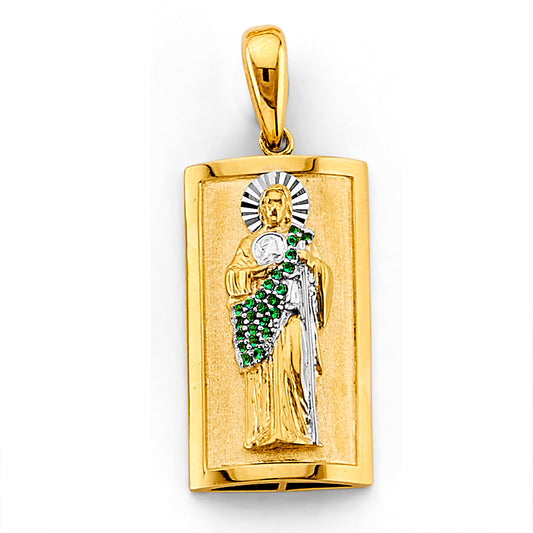 14K Two-Tone Gold Saint Jude Green CZ Rectangular Pendant