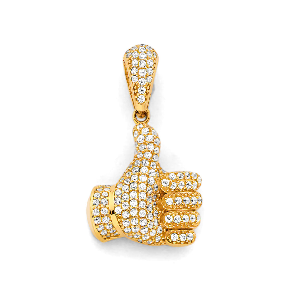 14K Yellow Gold Thumbs Up Hand CZ Pendant