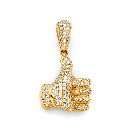 14K Yellow Gold Thumbs Up Hand CZ Pendant