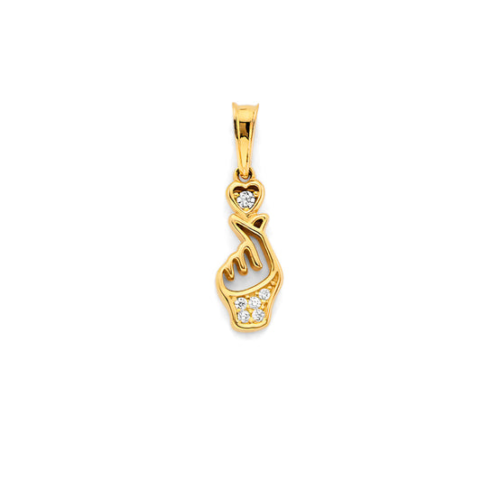 14K Yellow Gold Finger Heart Hand Gesture CZ Pendant