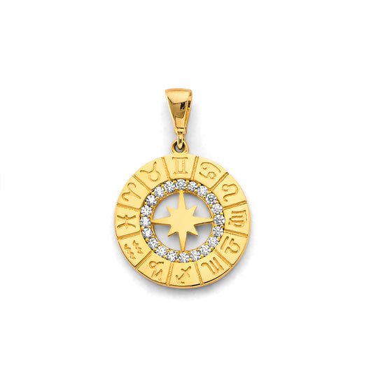 14K Two-Tone Gold Zodiac Wheel Compass CZ Pendant