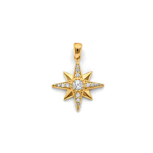 14K Yellow Gold Starburst Compass Design CZ Pendant
