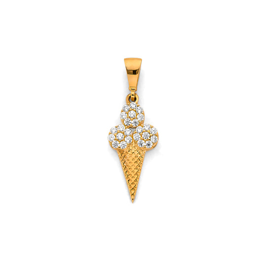 14K Yellow Gold Ice Cream Cone Design CZ Pendant