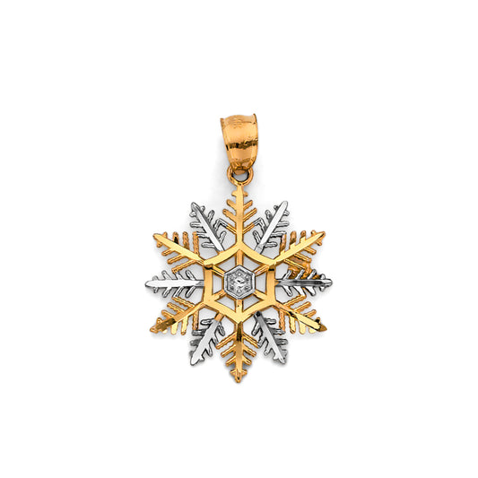 14K Two-Tone Gold Snowflake Design CZ Pendant