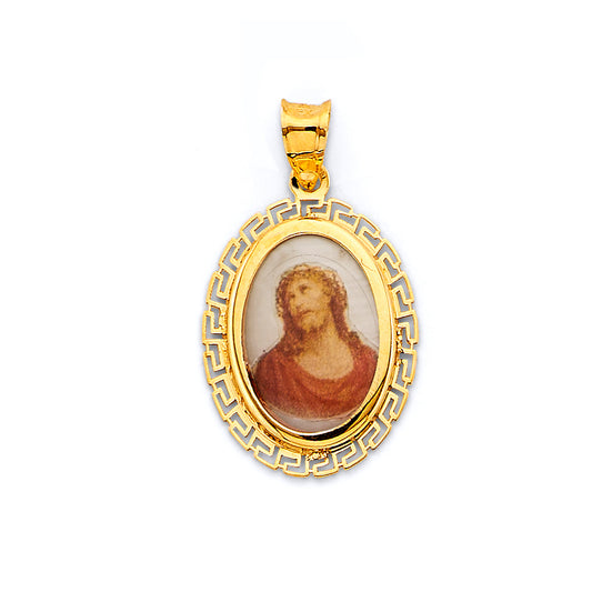 14K Yellow Gold Oval Divine Face of Jesus Greek Key Filigree Medal Pendant