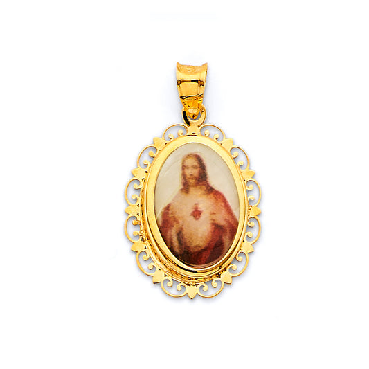 14K Yellow Gold Oval Sacred Heart of Jesus Filigree Medal Pendant
